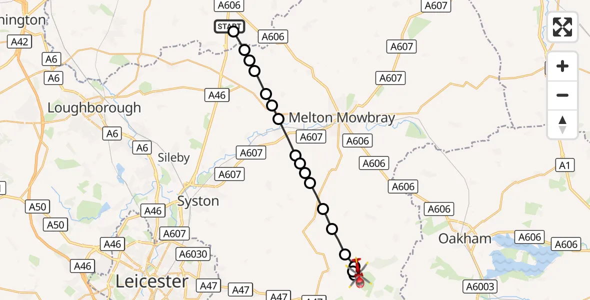 Flight route Air Ambulance Helicopter Nottingham Heliport - Owston, 01 October 2026, 14:58
