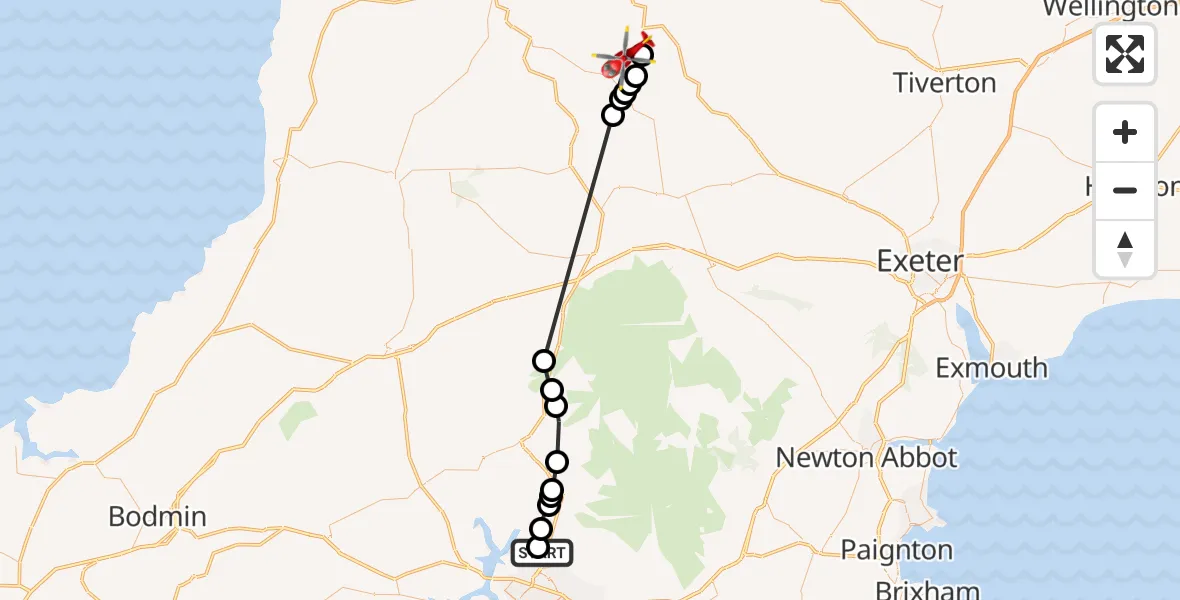 Flight route Air Ambulance Helicopter Belliver - Eaglescott Airfield, 01 October 2026, 15:02