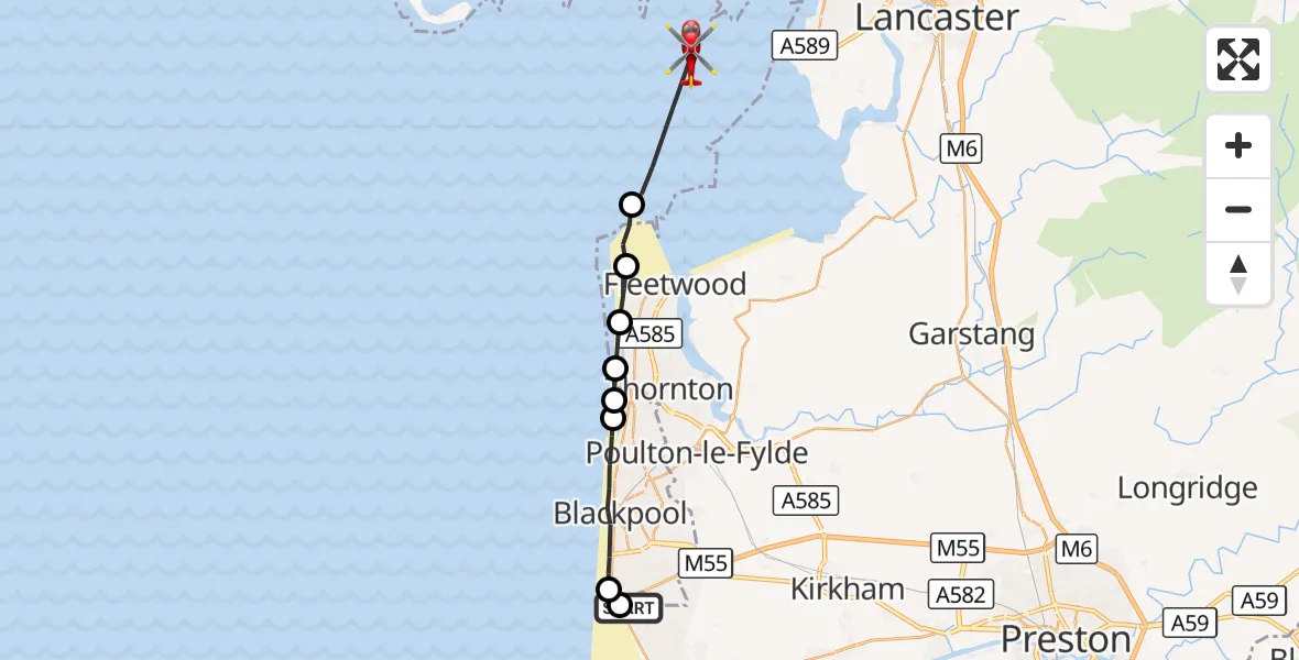 Flight route Air Ambulance Helicopter Blackpool Airport - Fleetwood, 01 October 2026, 15:20