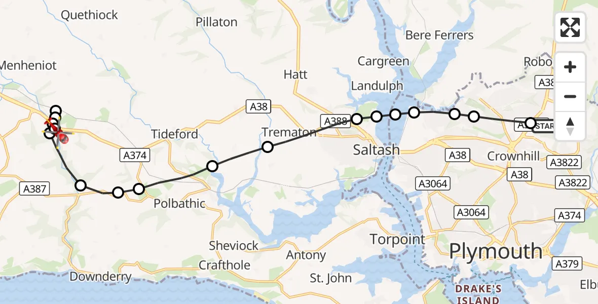 Flight route Air Ambulance Helicopter Derriford Hospital - St. Germans, 01 October 2026, 15:28