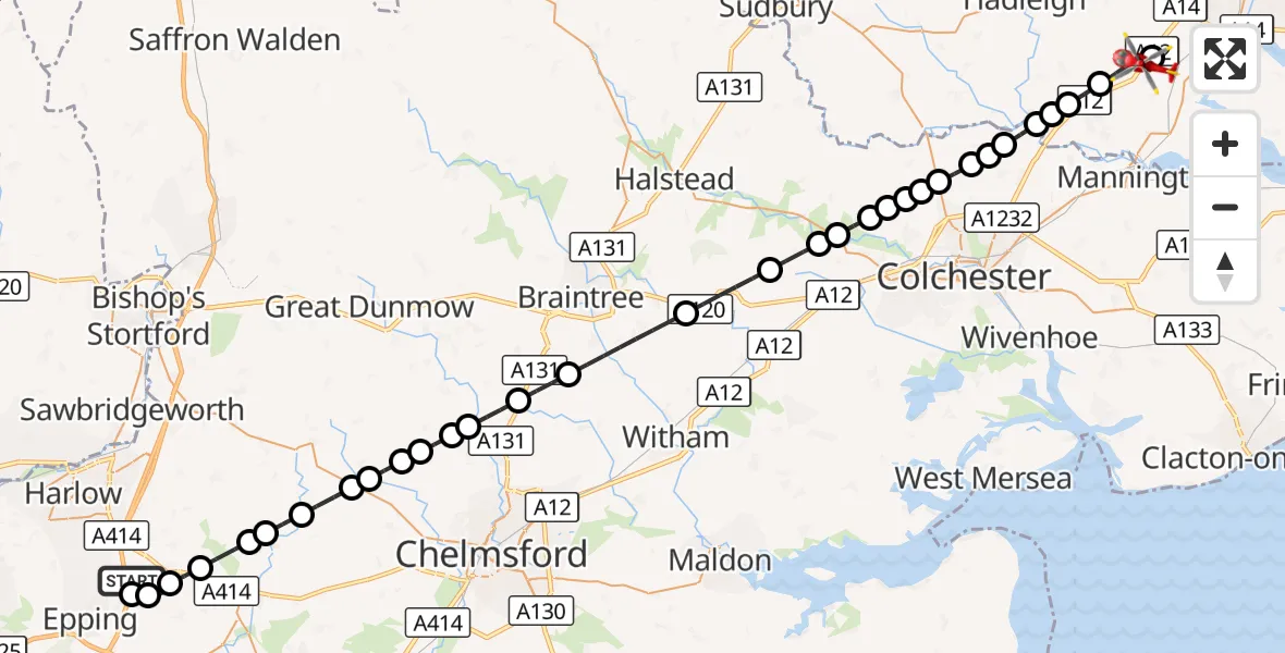 Flight route Air Ambulance Helicopter North Weald Airfield - Capel St Mary, 01 October 2026, 15:37