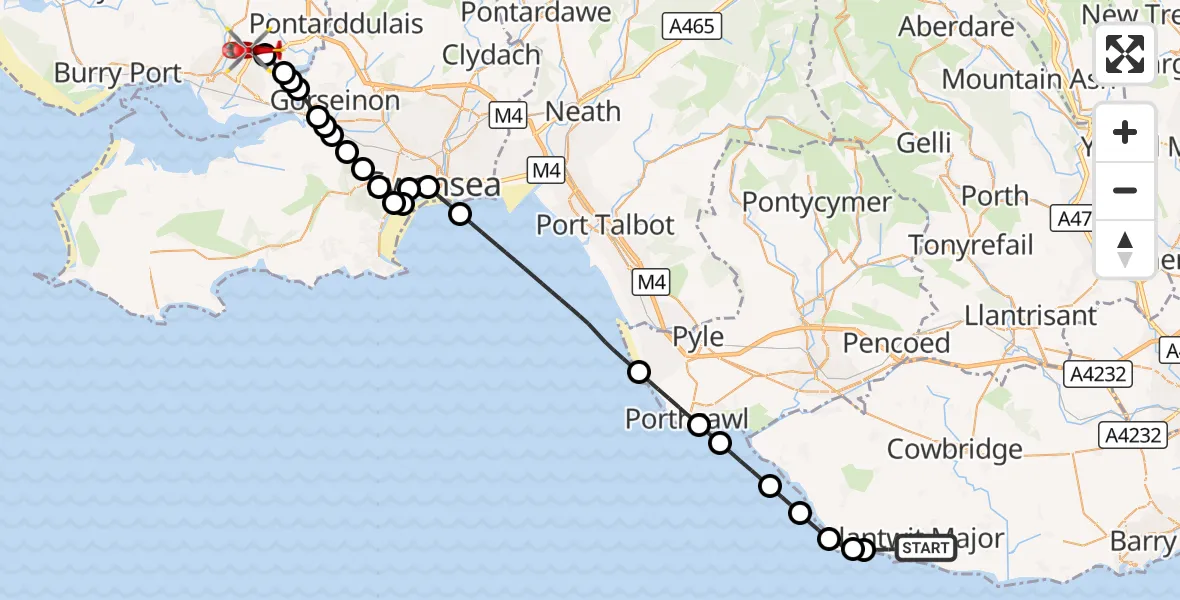 Flight route Air Ambulance Helicopter Llantwit Major - Dafen, 01 October 2026, 15:39