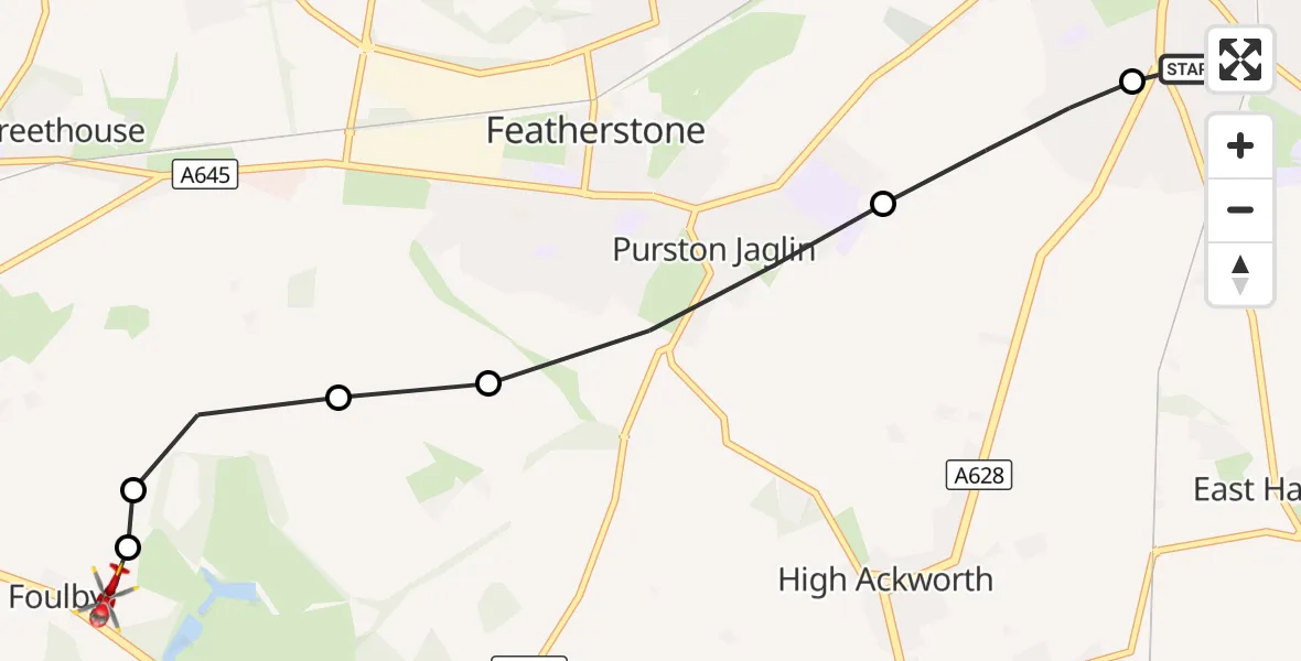 Flight route Air Ambulance Helicopter Pontefract - YAA Nostell Helicopter Port, 01 October 2026, 15:43