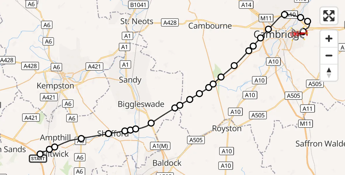 Flight route Air Ambulance Helicopter Eversholt - Cambridge City Airport, 01 October 2026, 15:56
