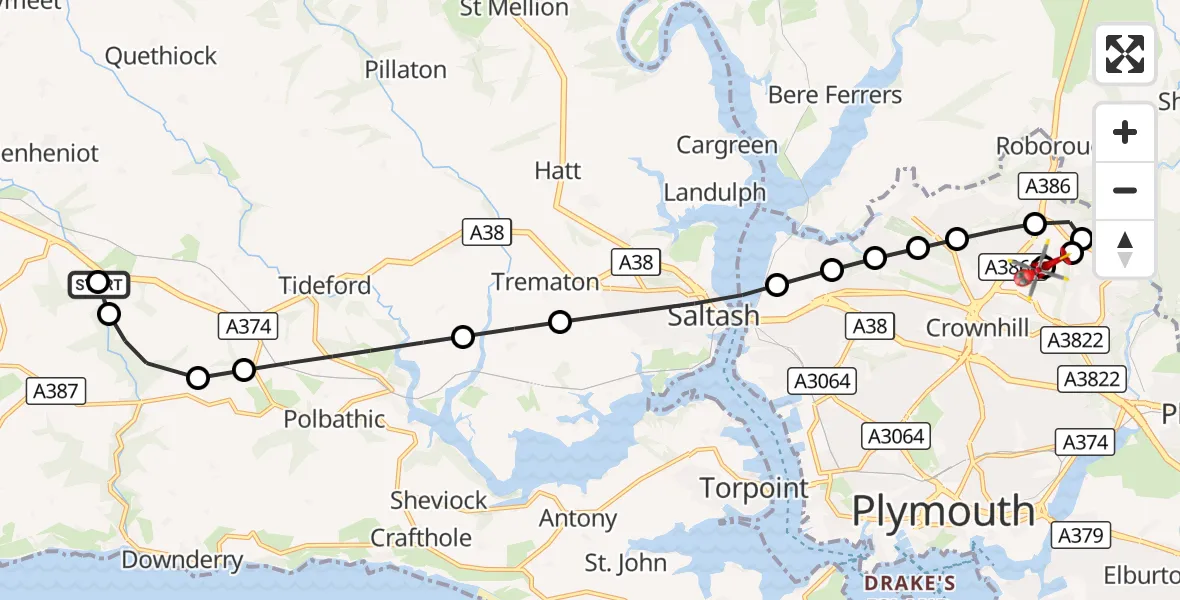 Flight route Air Ambulance Helicopter Liskeard Heliport - Derriford Hospital, 01 October 2026, 15:56