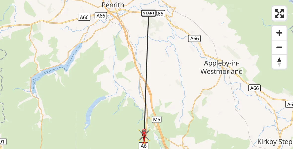 Flight route Air Ambulance Helicopter Brougham - Shap Rural, 01 October 2026, 15:58