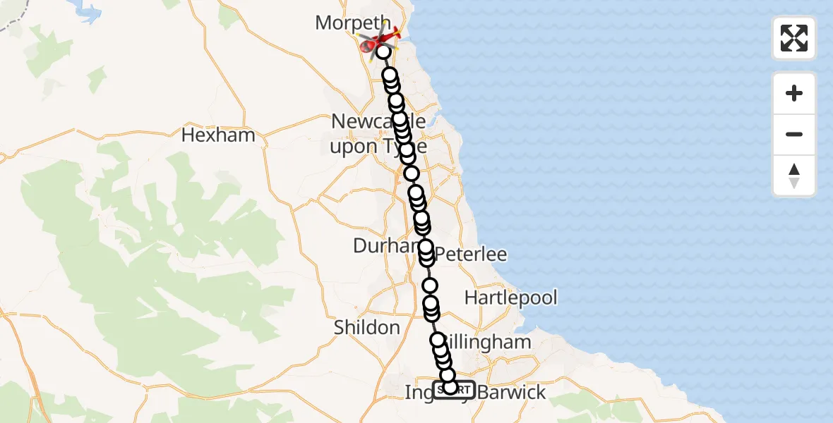 Flight route Air Ambulance Helicopter Egglescliffe - Bedlington, 01 October 2026, 16:00