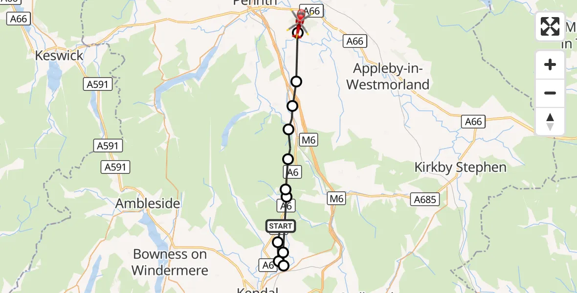 Flight route Air Ambulance Helicopter Selside and Fawcett Forest - Brougham, 01 October 2026, 16:06