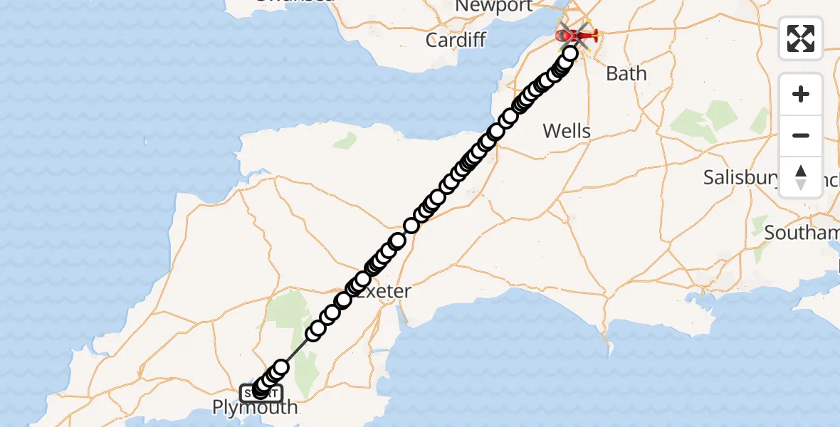 Flight route Air Ambulance Helicopter Derriford Hospital - Bristol, 01 October 2026, 16:17