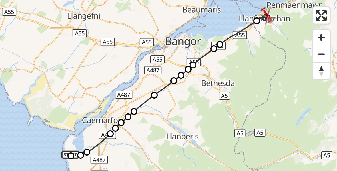 Flight route Air Ambulance Helicopter Caernarfon Airport - Llanfairfechan, 01 October 2026, 16:18