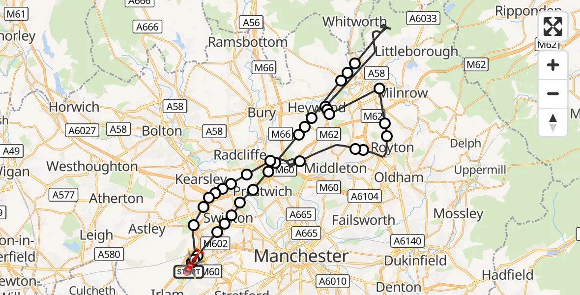 Flight route Air Ambulance Helicopter Manchester Barton Aerodrome - Irlam, 01 October 2026, 16:20