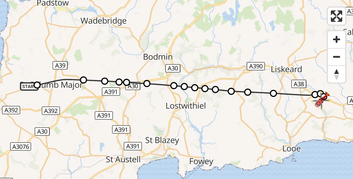 Flight route Air Ambulance Helicopter Cornwall Airport Newquay - St. Germans, 01 October 2026, 16:27