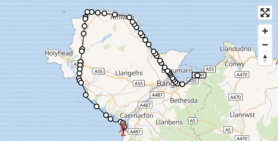 Flight route Air Ambulance Helicopter Llanfairfechan - Caernarfon Airport, 01 October 2026, 16:45