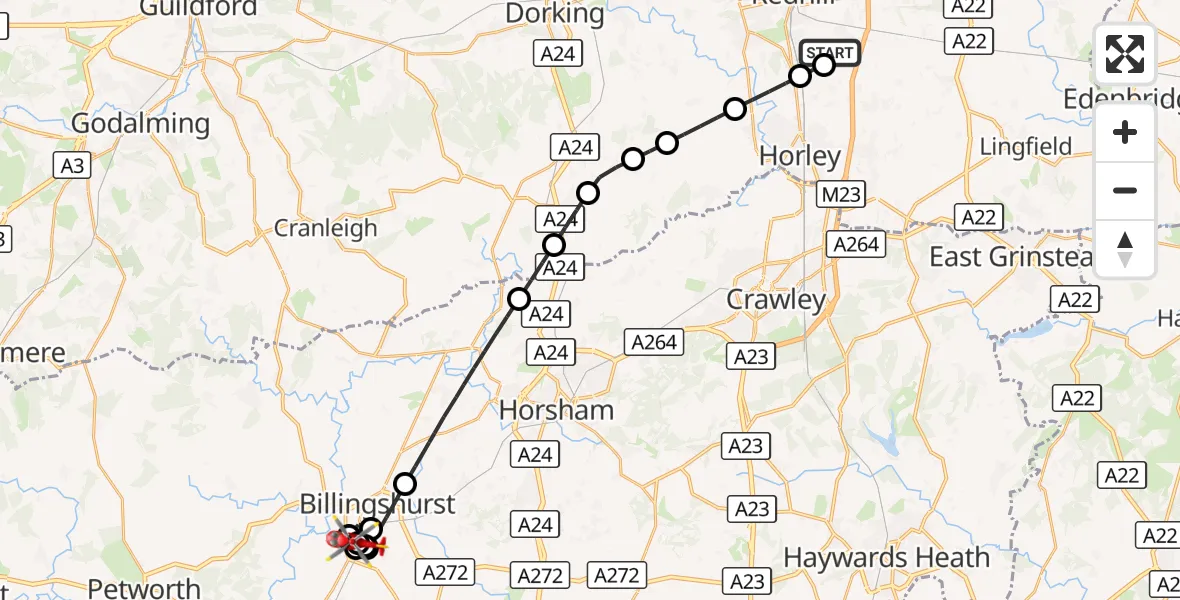 Flight route Air Ambulance Helicopter Redhill Aerodrome - Horsham, 01 October 2026, 16:45
