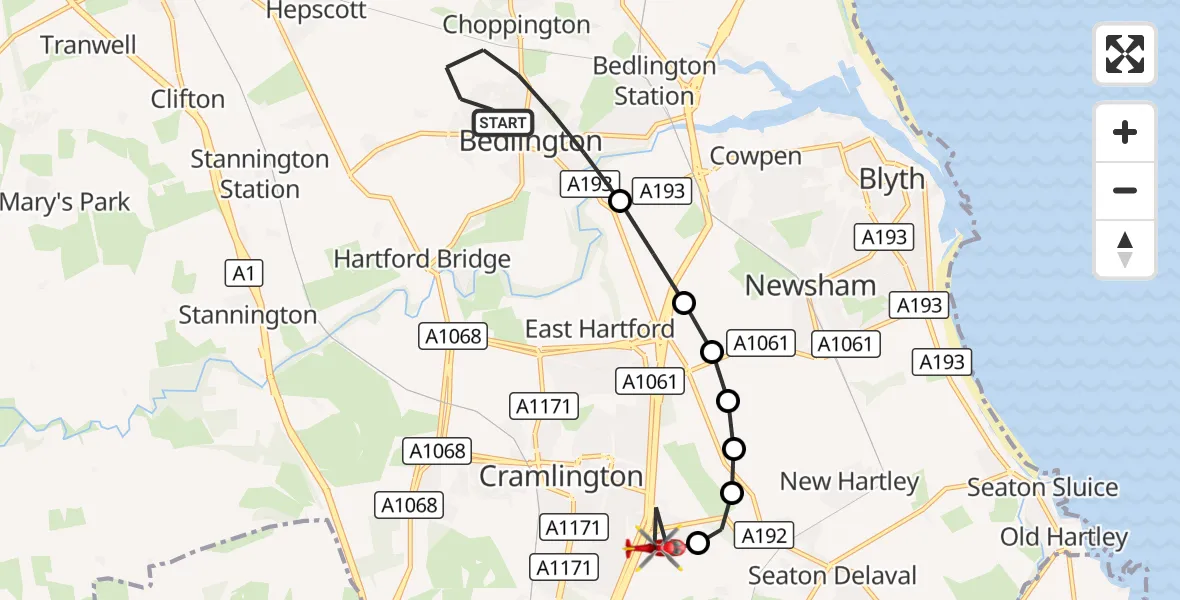 Flight route Air Ambulance Helicopter Bedlington - Cramlington, 01 October 2026, 16:46
