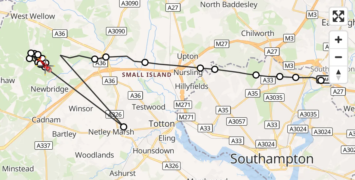 Flight route Air Ambulance Helicopter Southampton Airport - Copythorne, 01 October 2026, 17:01