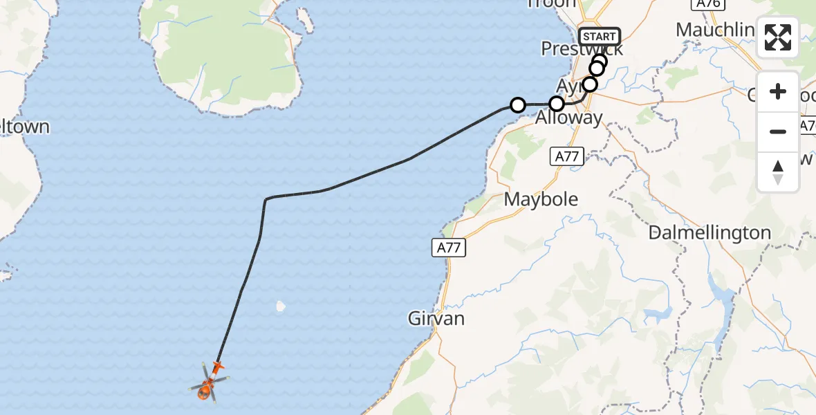 Flight route Coastguard Helicopter Glasgow Prestwick Airport - Inner Seas, 01 October 2026, 17:13