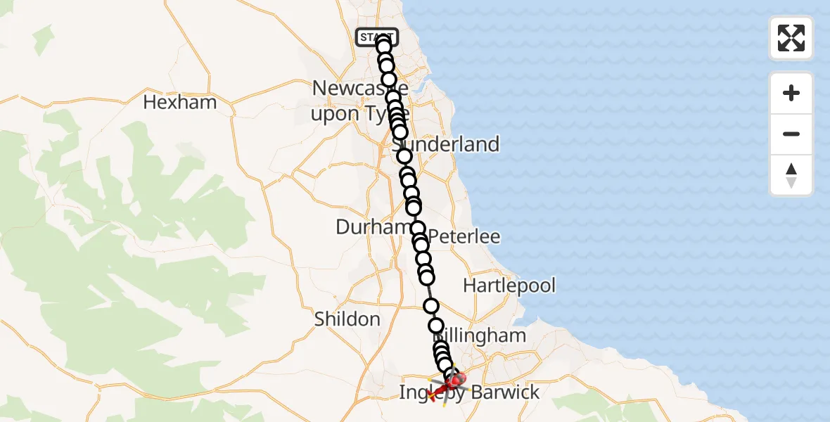 Flight route Air Ambulance Helicopter Cramlington - Egglescliffe, 01 October 2026, 17:16