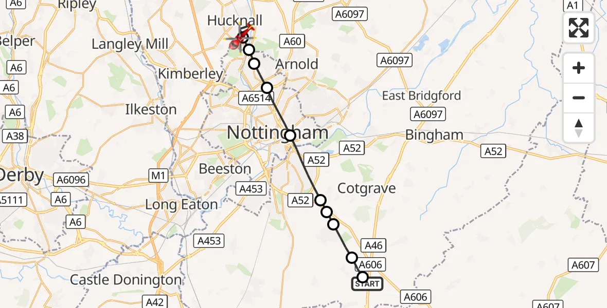 Flight route Air Ambulance Helicopter Nottingham Heliport - Hucknall, 01 October 2026, 17:21