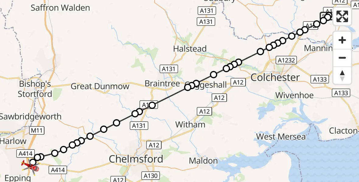 Flight route Air Ambulance Helicopter Bentley - North Weald Airfield, 01 October 2026, 17:23