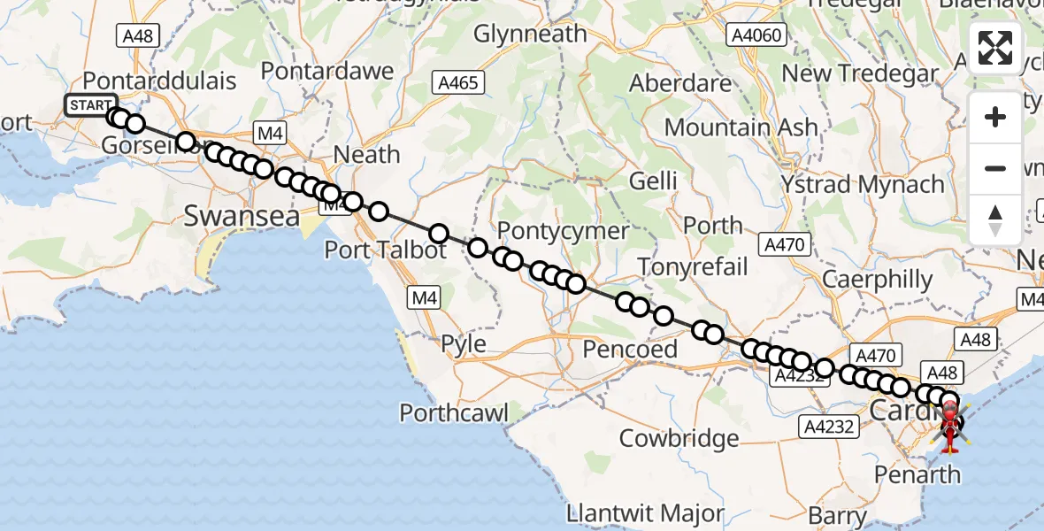 Flight route Air Ambulance Helicopter Dafen - Cardiff Heliport, 01 October 2026, 17:23