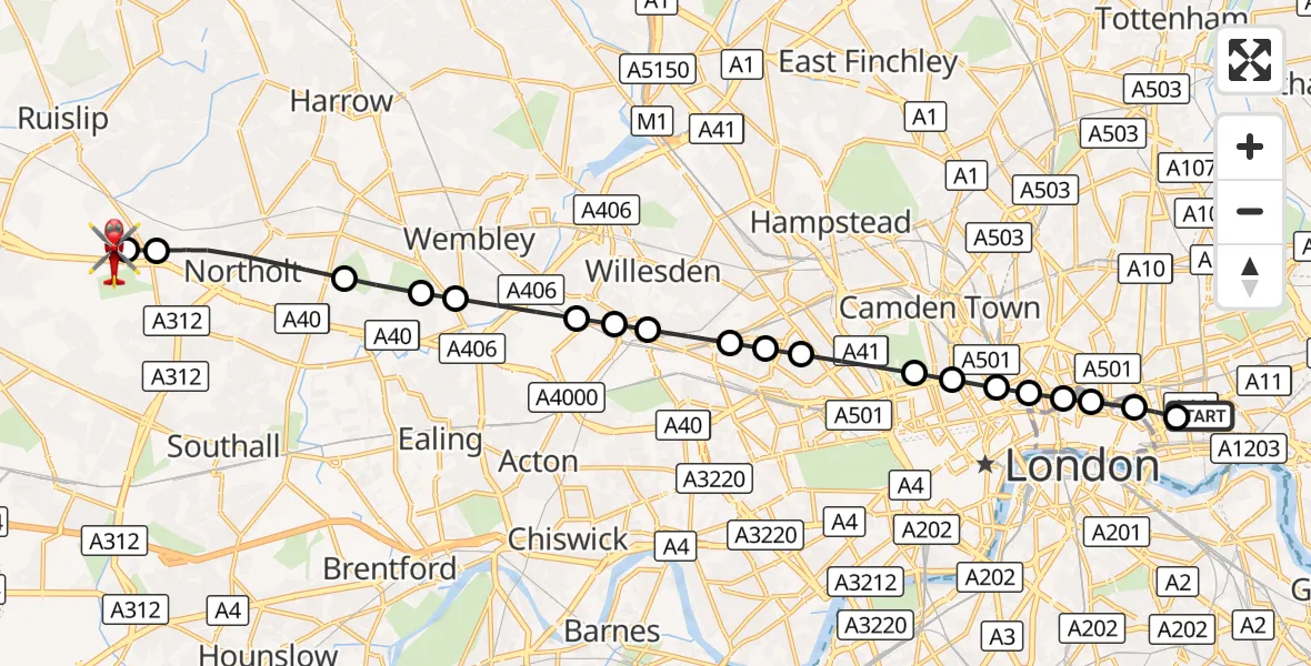 Flight route Air Ambulance Helicopter Royal London Hospital - RAF Northolt, 01 October 2026, 17:26