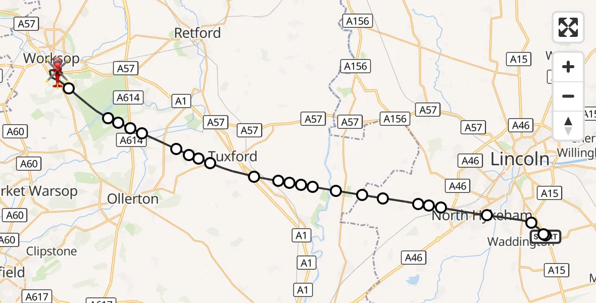 Flight route Air Ambulance Helicopter RAF Waddington - Worksop, 01 October 2026, 17:29