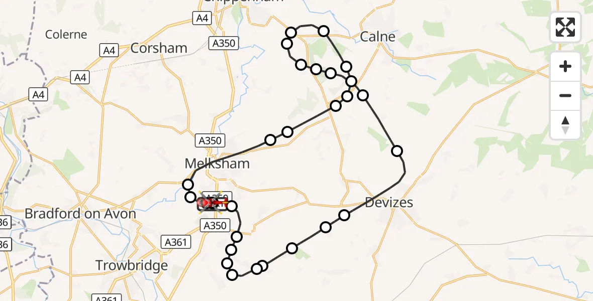 Flight route Air Ambulance Helicopter Wiltshire Air Ambulance - Melksham, 01 October 2026, 17:33