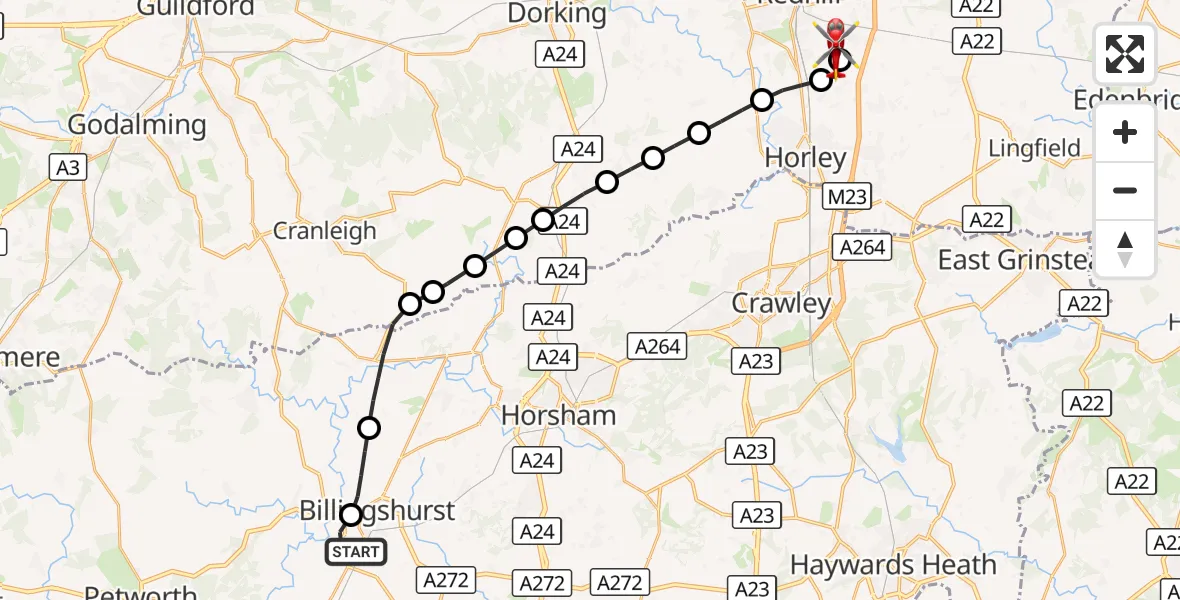 Flight route Air Ambulance Helicopter Horsham - Redhill Aerodrome, 01 October 2026, 17:41