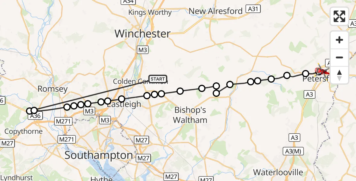 Flight route Air Ambulance Helicopter Owslebury - Petersfield, 01 October 2026, 17:45