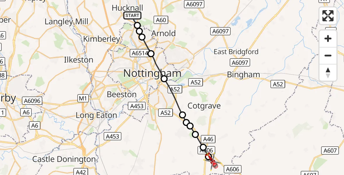 Flight route Air Ambulance Helicopter Hucknall - Hickling, 01 October 2026, 17:46