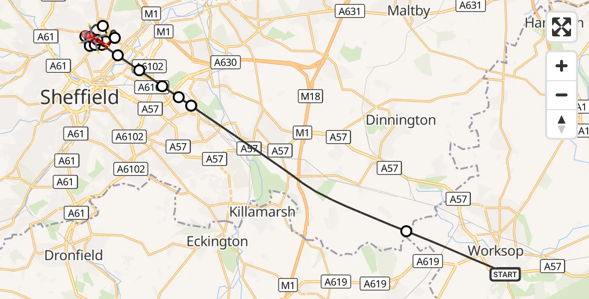 Flight route Air Ambulance Helicopter Worksop - Sheffield Northern Hospital, 01 October 2026, 18:26