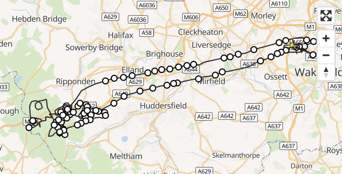 Flight route Police Helicopter East Ardsley - East Ardsley, 01 October 2026, 18:59