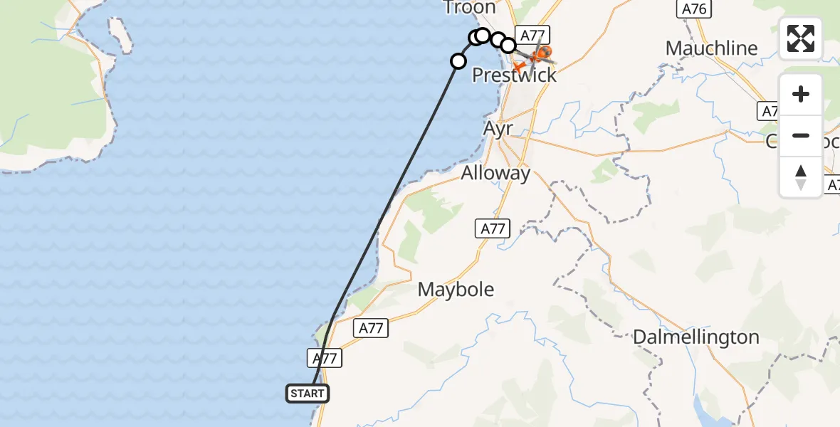 Flight route Coastguard Helicopter Inner Seas - Glasgow Prestwick Airport, 01 October 2026, 19:06