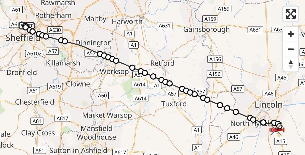 Flight route Air Ambulance Helicopter Sheffield Northern Hospital - North Kesteven, 01 October 2026, 19:30