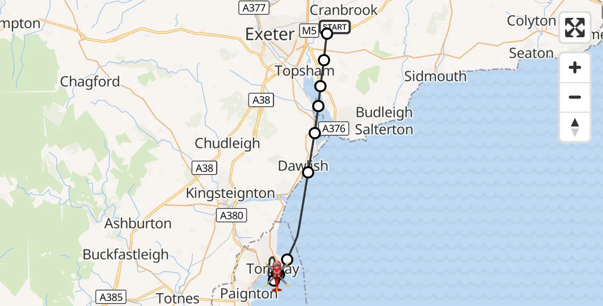Flight route Air Ambulance Helicopter Exeter International Airport - Torbay Daddyhole Plain, 01 October 2026, 19:30