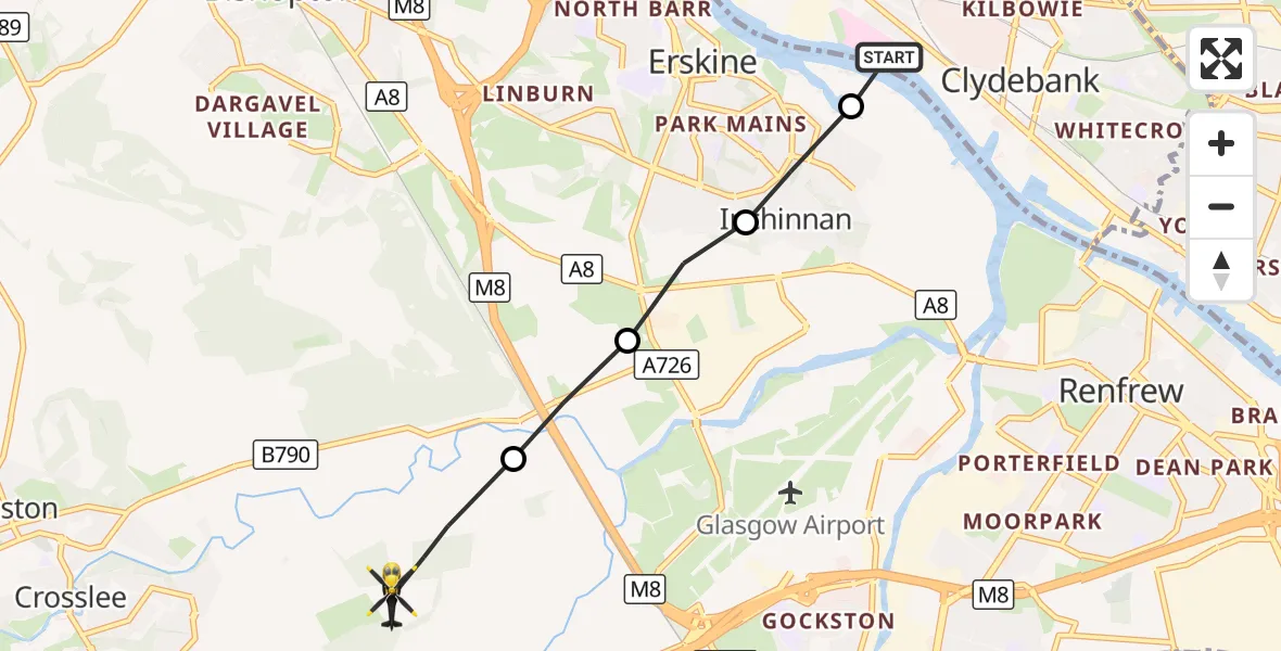 Flight route Police Helicopter Golden Jubilee Hospital - Linwood, 01 October 2026, 19:46
