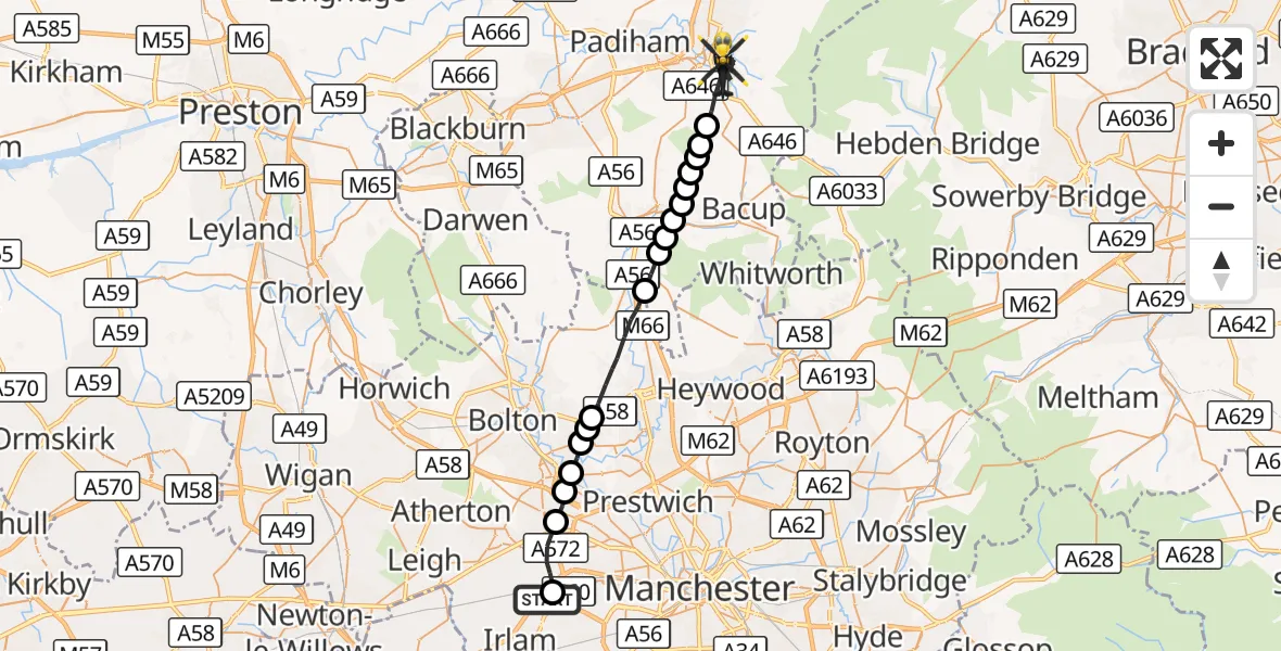 Flight route Police Helicopter Manchester Barton Aerodrome - Burnley, 01 October 2026, 19:46