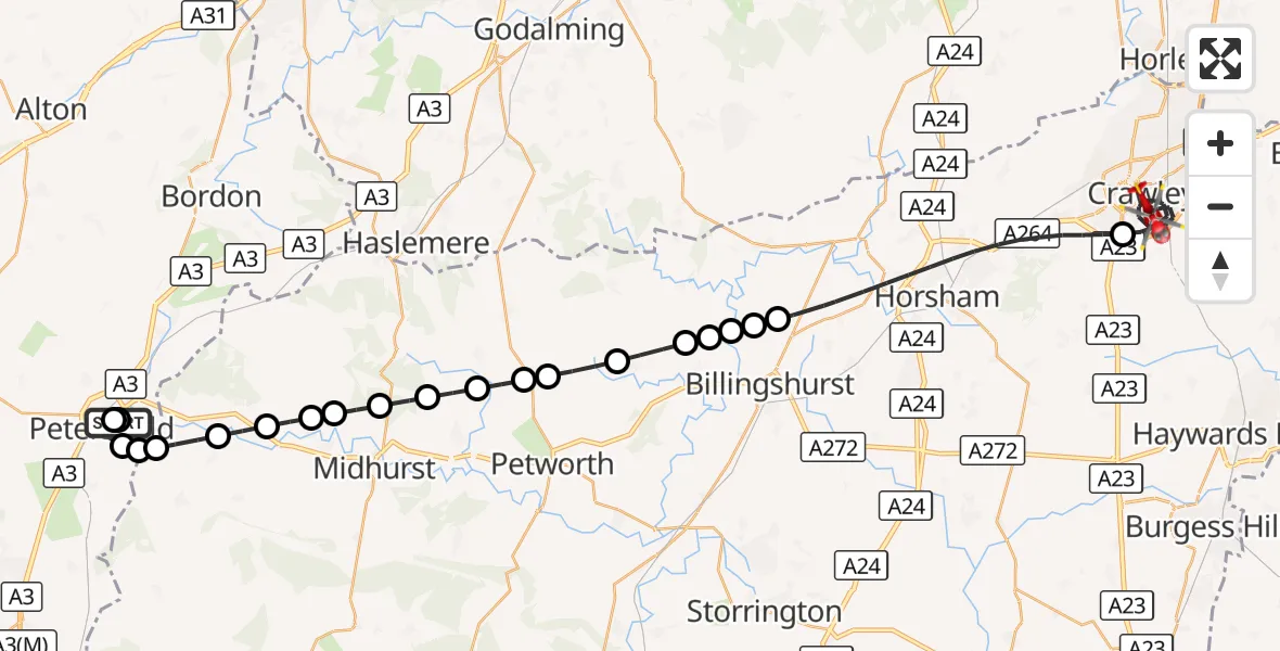 Flight route Air Ambulance Helicopter Petersfield - Crawley, 01 October 2026, 19:51