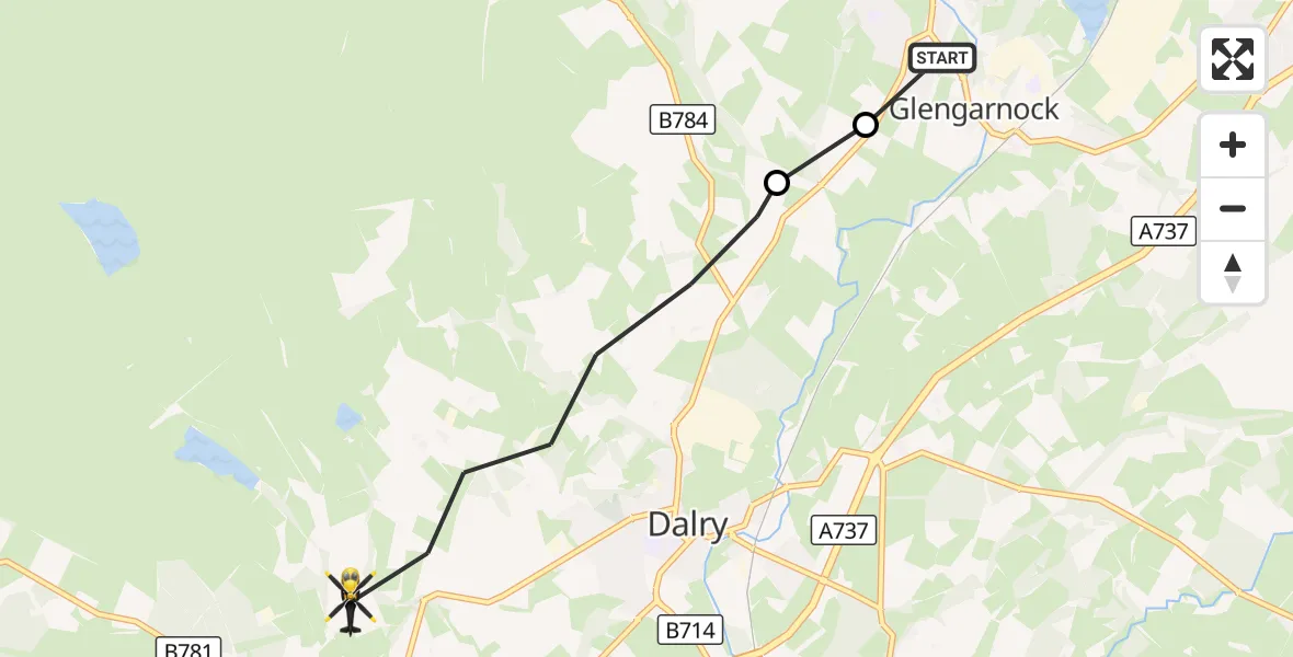 Flight route Police Helicopter Glengarnock - Dalry, 01 October 2026, 19:55