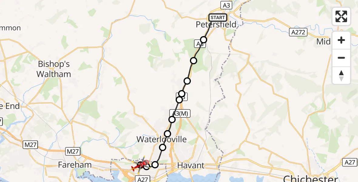 Flight route Air Ambulance Helicopter Petersfield - Wymering, 01 October 2026, 19:58