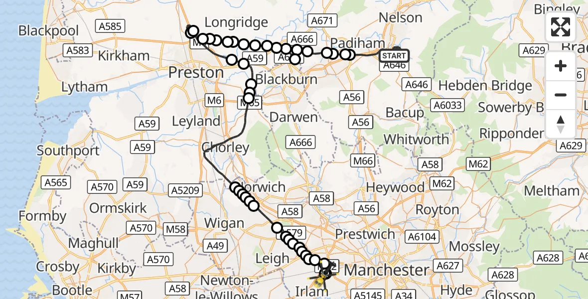 Flight route Police Helicopter Burnley - Manchester Barton Aerodrome, 01 October 2026, 20:09