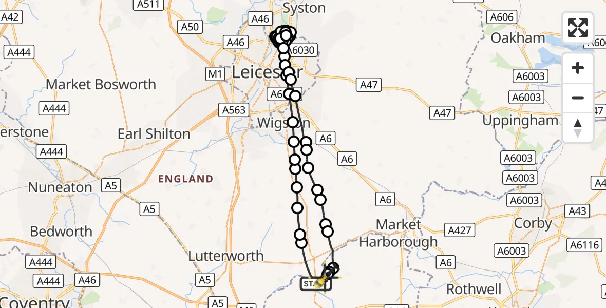 Flight route Police Helicopter Husbands Bosworth - Harborough, 01 October 2026, 20:18