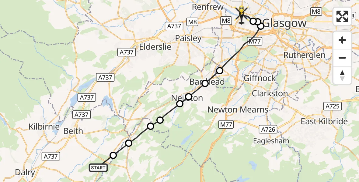 Flight route Police Helicopter Barrmill - Glasgow, 01 October 2026, 20:23
