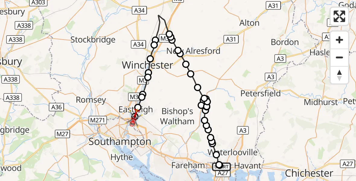 Flight route Air Ambulance Helicopter Queen Alexandra Hospital - Southampton Airport, 01 October 2026, 20:53
