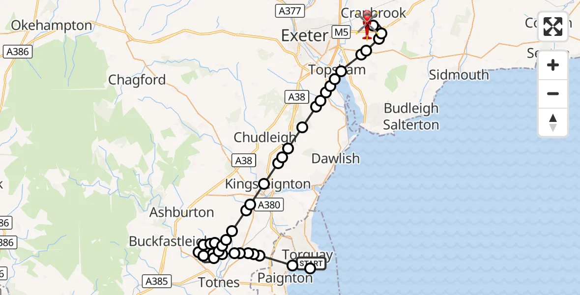 Flight route Air Ambulance Helicopter Torbay Daddyhole Plain - Exeter International Airport, 01 October 2026, 20:58