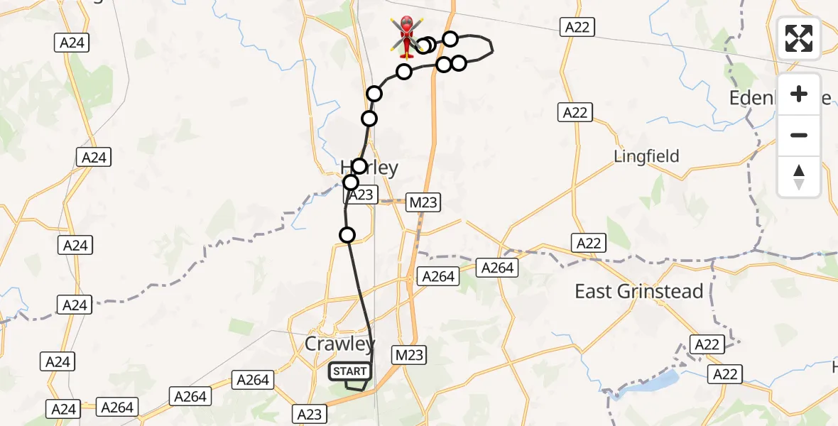 Flight route Air Ambulance Helicopter Crawley - Redhill Aerodrome, 01 October 2026, 21:05