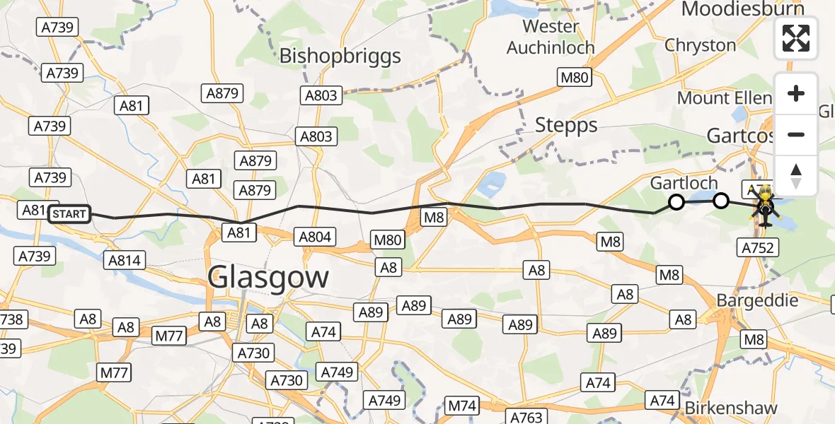 Flight route Police Helicopter Glasgow - Gartcosh, 01 October 2026, 21:11