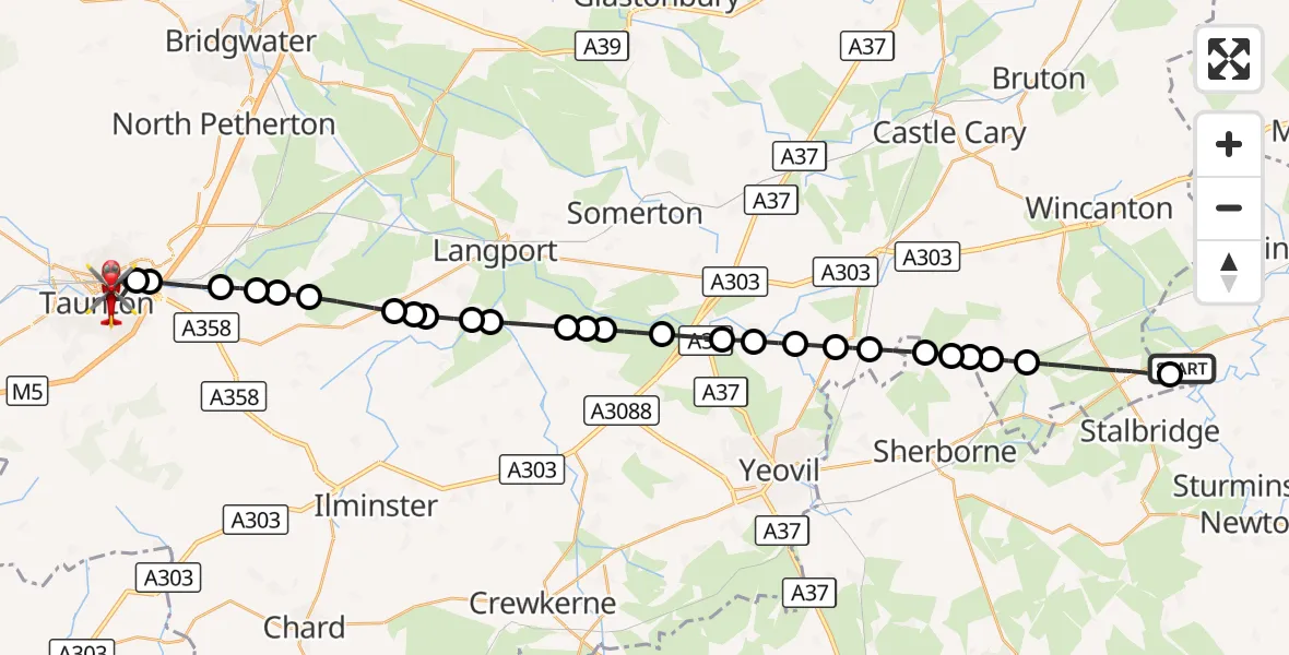Flight route Air Ambulance Helicopter Henstridge Airfield - Taunton, 01 October 2026, 21:26