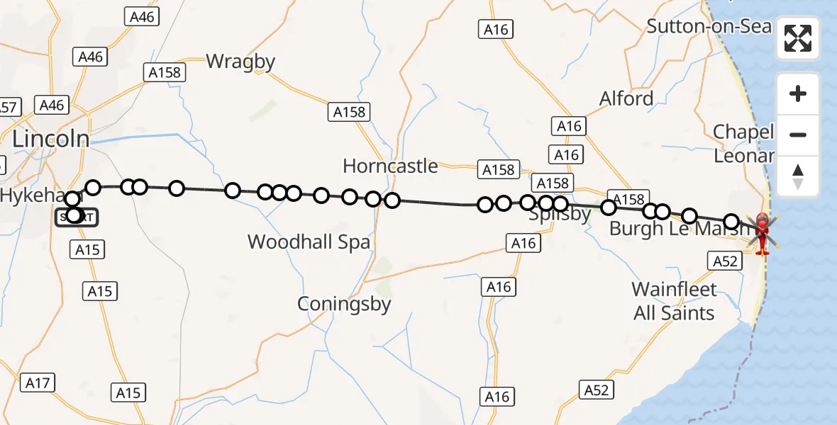 Flight route Air Ambulance Helicopter RAF Waddington - Skegness, 01 October 2026, 21:44